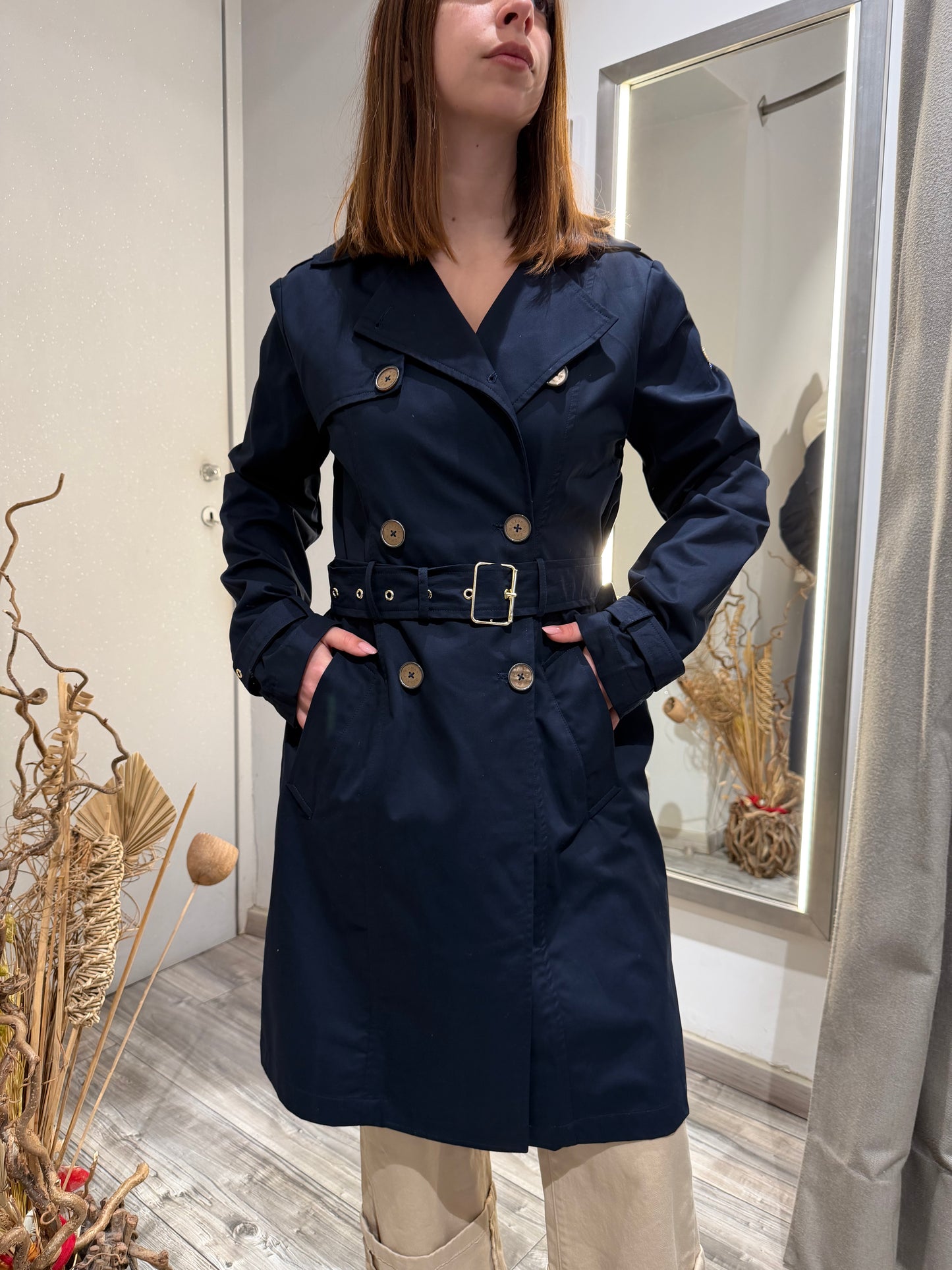 TRENCH LUNGO IN COTONE DOPPIOPETTO BLU