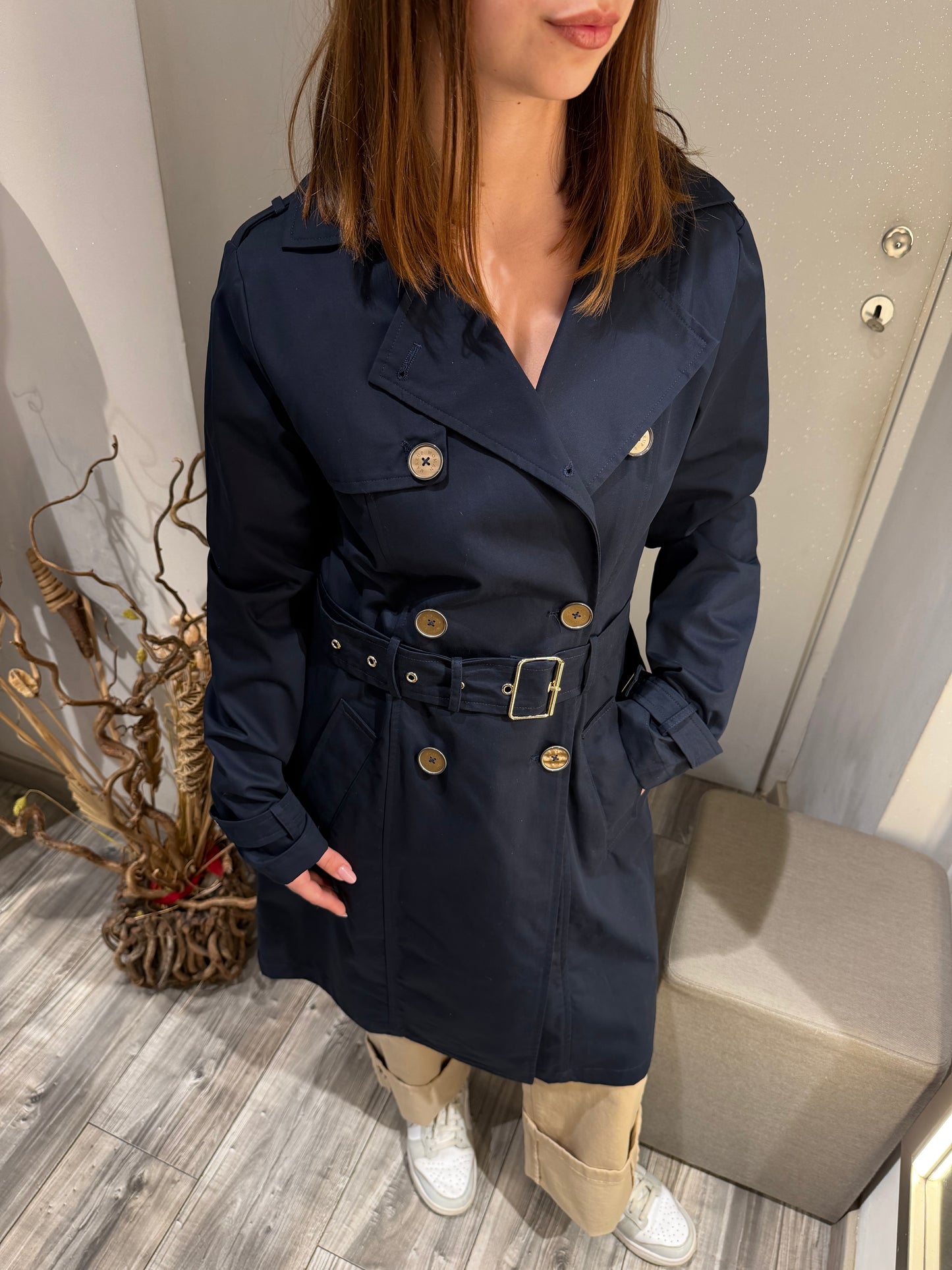 TRENCH LUNGO IN COTONE DOPPIOPETTO BLU