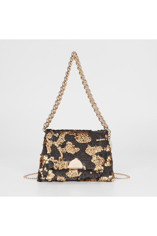 BORSA A MANO CON CATENA E PAILETTES ORO
