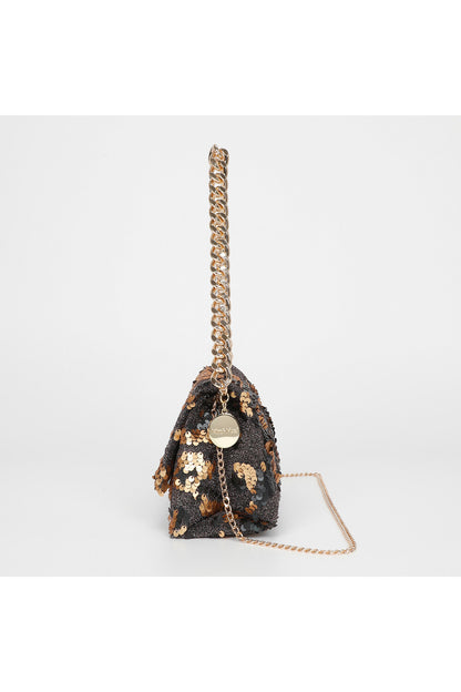 BORSA A MANO CON CATENA E PAILETTES ORO