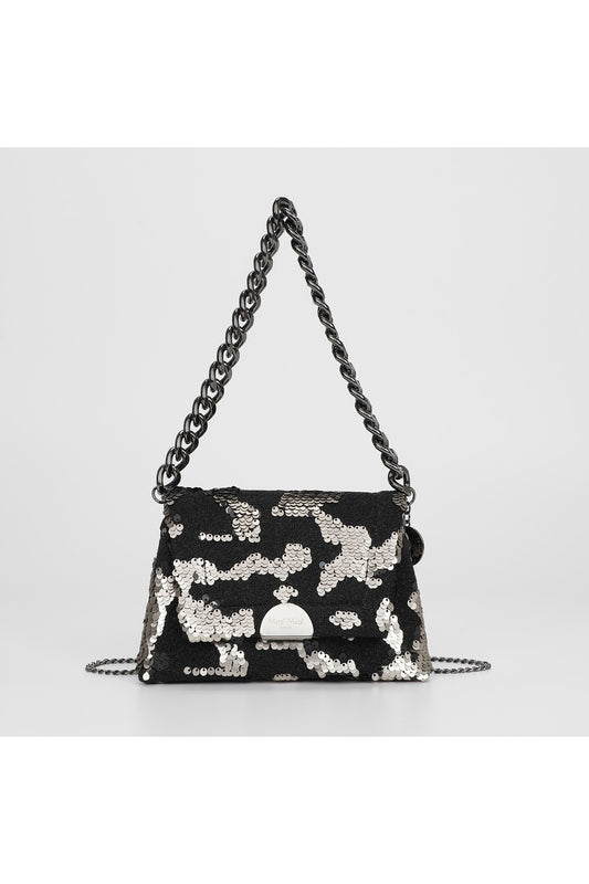 BORSA A MANO CON CATENA E PAILETTES ARGENTO