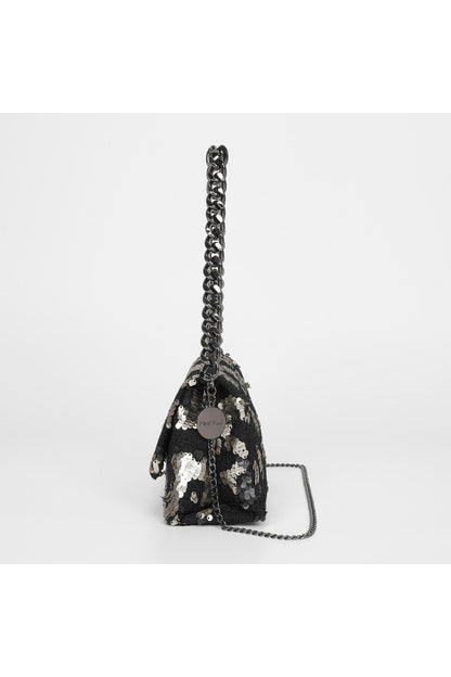 BORSA A MANO CON CATENA E PAILETTES ARGENTO